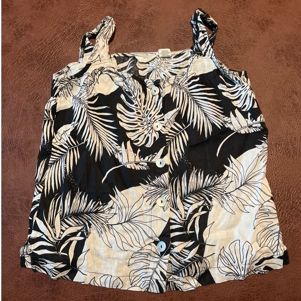 Christian Siriano New York Womens Linen Tank Top Black White Tropical Palm Small